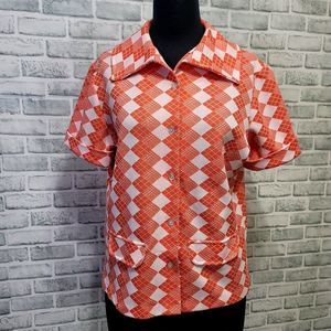 Vintage 70s Orange White Argyle Button Up Disco Double Knit Polyester Jacket Top